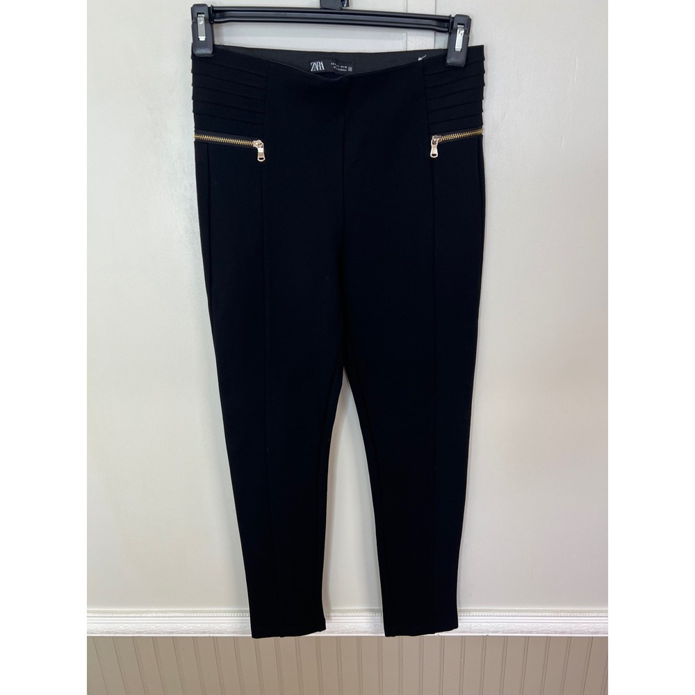 Zara Womens Black High Waisted Moto Leggings Gold Zipper Detail Size L